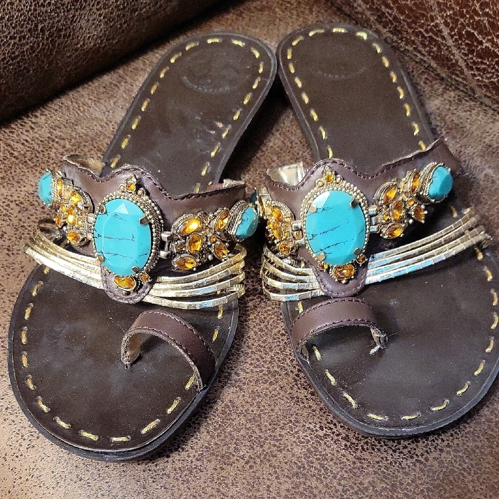 BCBG Brown Sandals with Turquoise and Gold, Call Out,  Scratches Size 7.5 (408) - Picture 4 of 12
